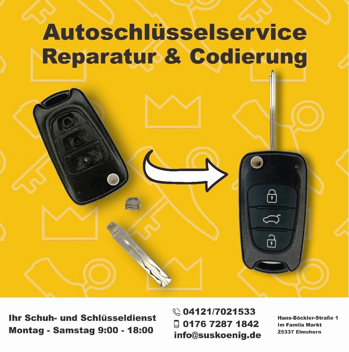 Defective car key housing before and after repair